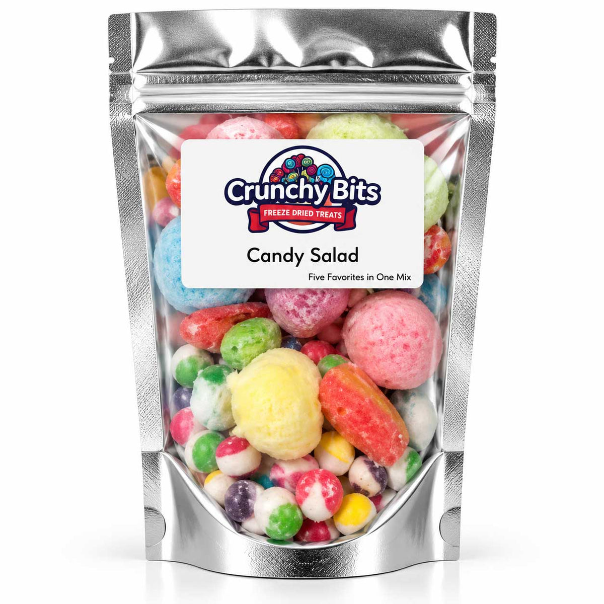 A silver stand-up resealable pouch of Crunchy Bits Freeze Dried Treats Candy Salad, filled with assorted colorful candies, shown on a white background.