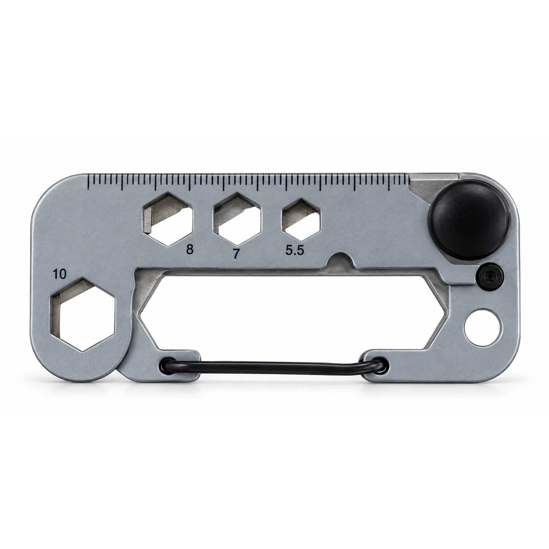 A silver metal multi-tool wrench with a black carabiner clip and a black adjustment knob, featuring size markings 10, 8, 7, and 5.5 on a white background.
