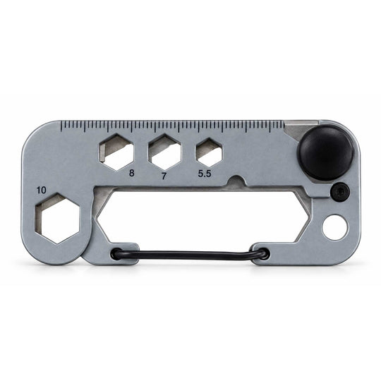 A silver metal multi-tool wrench with a black carabiner clip and a black adjustment knob, featuring size markings 10, 8, 7, and 5.5 on a white background.