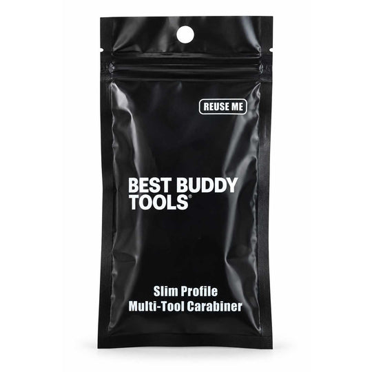 A black resealable pouch with a hanging hole and white printed text reading 'BEST BUDDY TOOLS' and 'Slim Profile Multi-Tool Carabiner,' plus a small 'REUSE ME' label, on a white background.