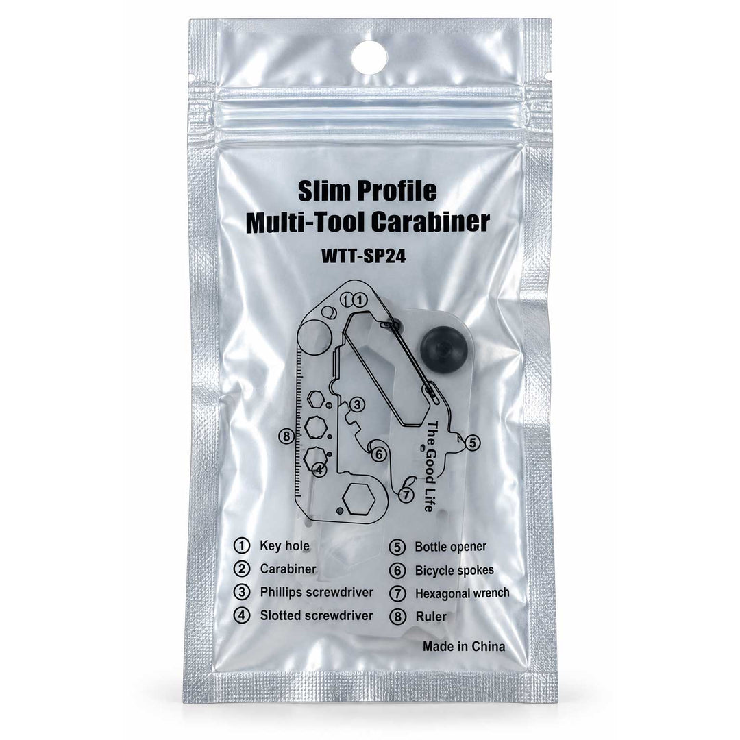 Slim Profile Multi-Tool Carabiner WTT-SP24 in a silver resealable pouch with printed tool diagram and black carabiner bit visible inside, on a white background.