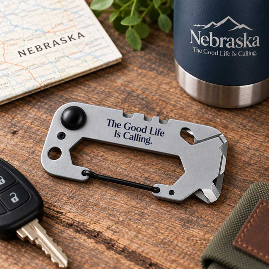 A silver multi-tool car keychain with the engraved text 'The Good Life Is Calling.' lies on a wooden tabletop.