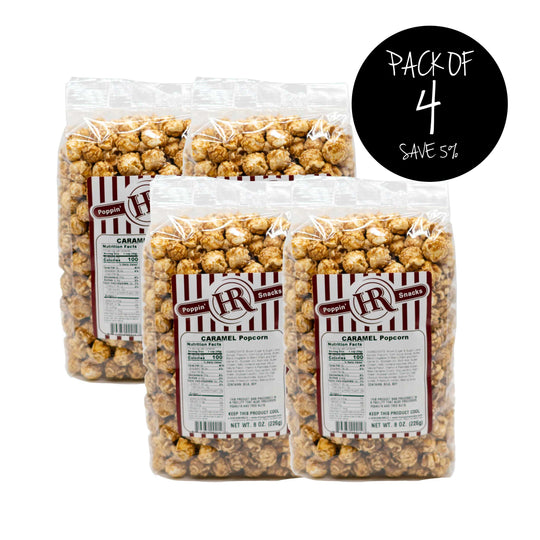 Caramel Popcorn | Pack of 4 | Buttery Caramel Coated Popcorn | Rich Flavor | Classic Fair Popcorn | Made in Gibbon, NE | HR Poppin' Snacks