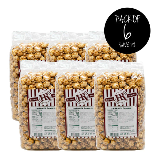 Caramel Popcorn | Pack of 6 | Buttery Caramel Coated Popcorn | Rich Flavor | Classic Fair Popcorn | Made in Gibbon, NE | HR Poppin' Snacks