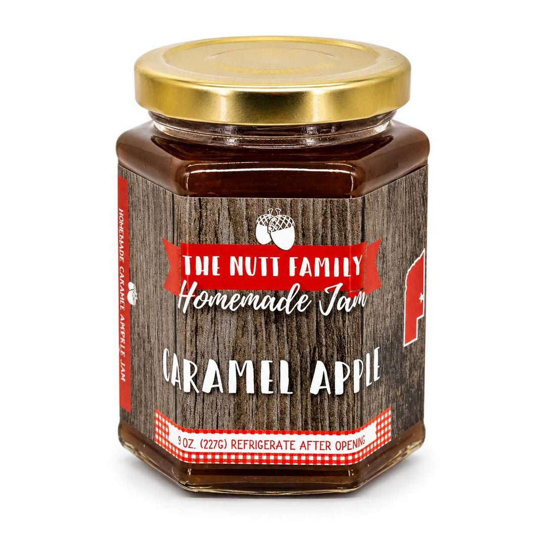 Jar of 'The Nutt Family Homemade Jam' Caramel Apple on a white background