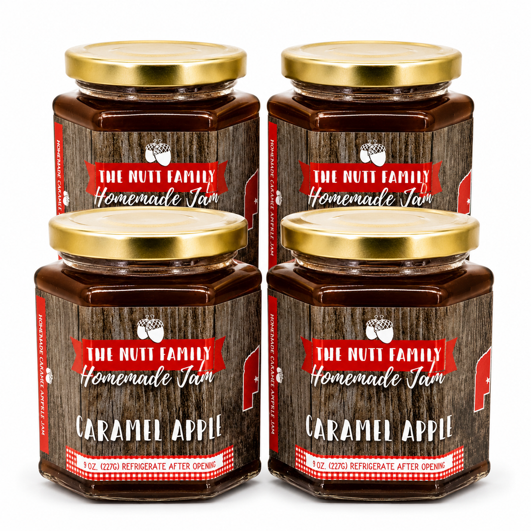 Four jars of 'The Nutt Family Homemade Jam' Caramel Apple on a white background