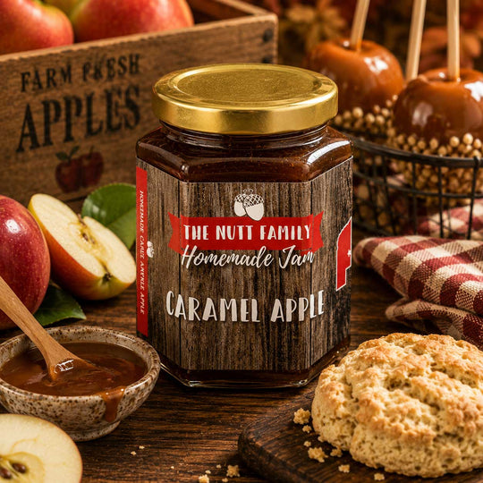 Jar of 'The Nutt Family' Homemade Caramel Apple Jam with apples and cookies on a wooden table.