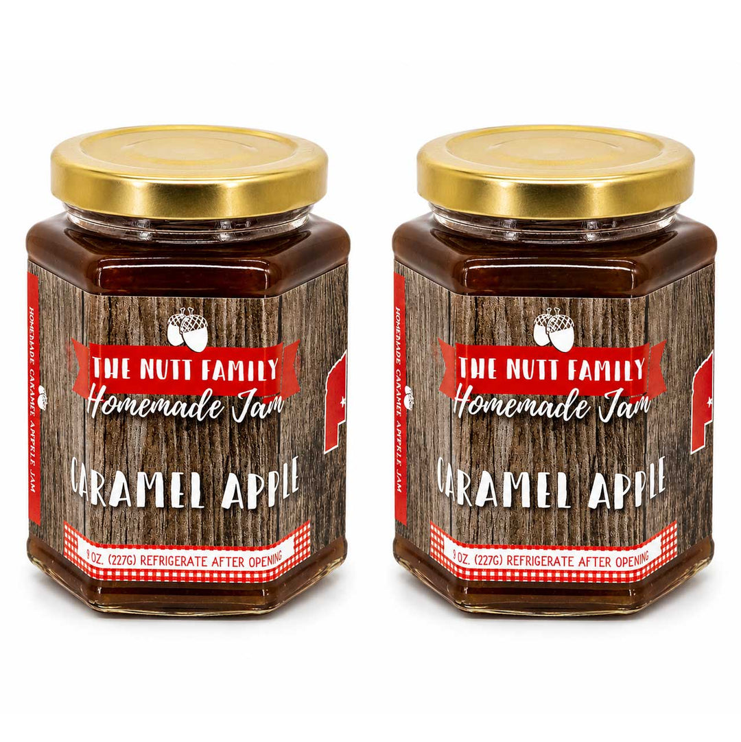 Two jars of 'The Nutt Family Homemade Jam' Caramel Apple on a white background