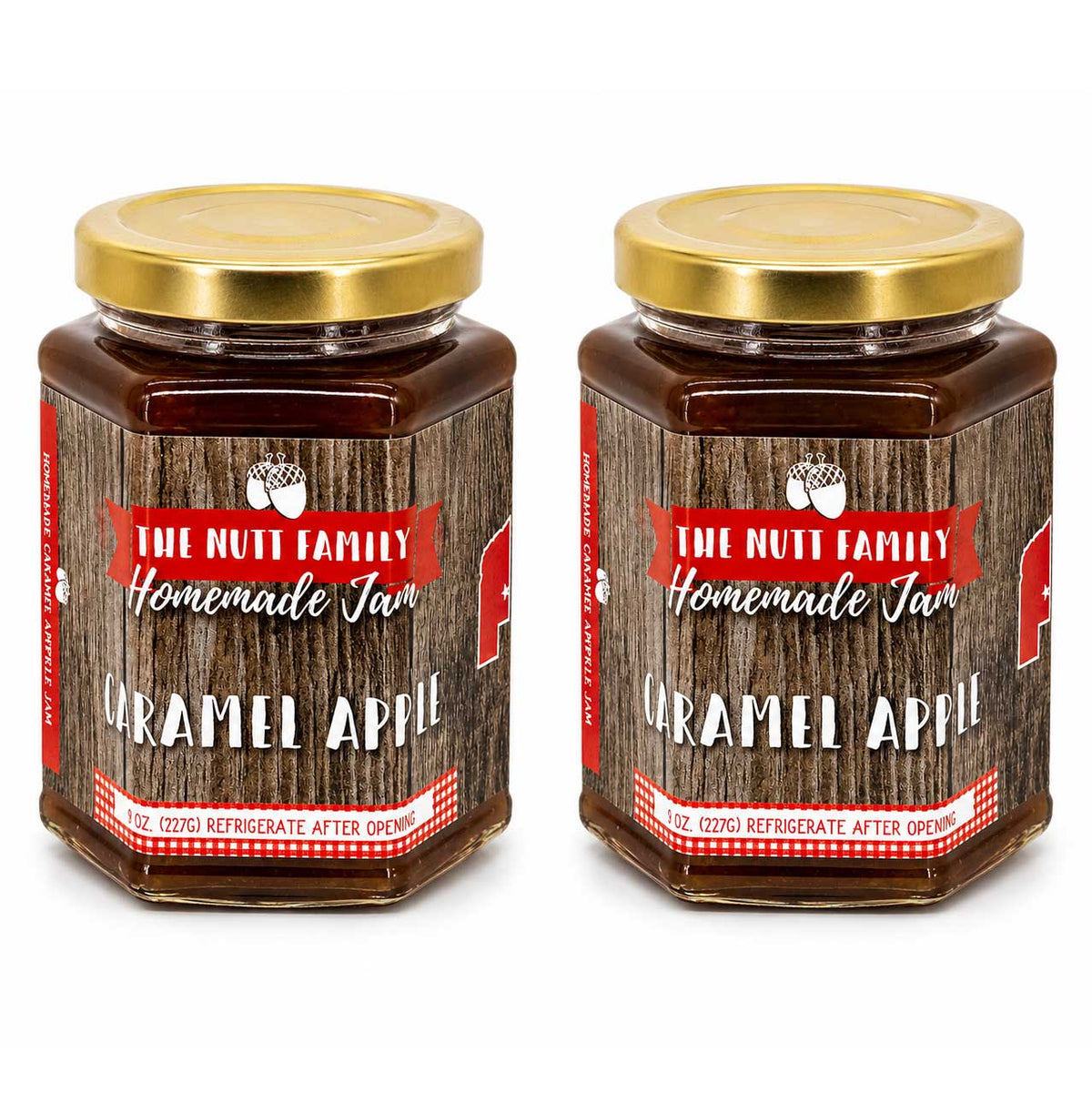 Two jars of 'The Nutt Family Homemade Jam' Caramel Apple on a white background