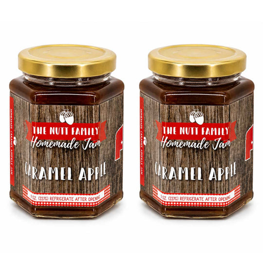 Two jars of 'The Nutt Family Homemade Jam' Caramel Apple on a white background