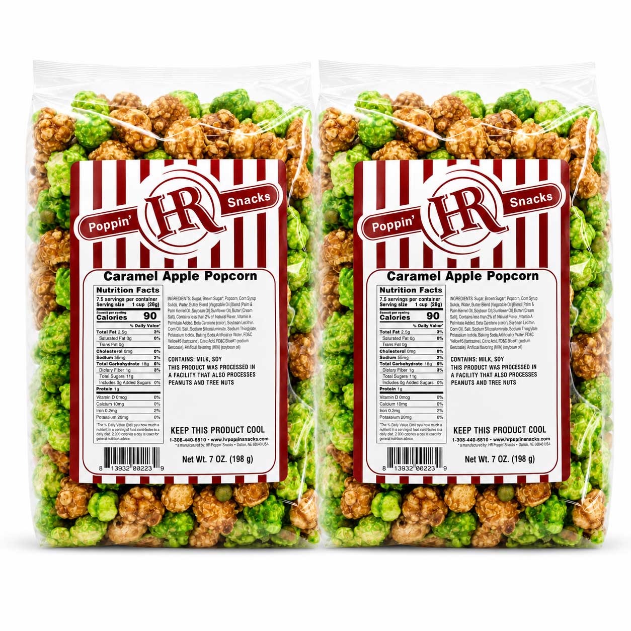 Two clear bags of Poppin' HR Snacks Caramel Apple Popcorn shown side by side on a white background, with green-topped caramel apple pieces and brown caramel-coated pieces visible through the packaging.