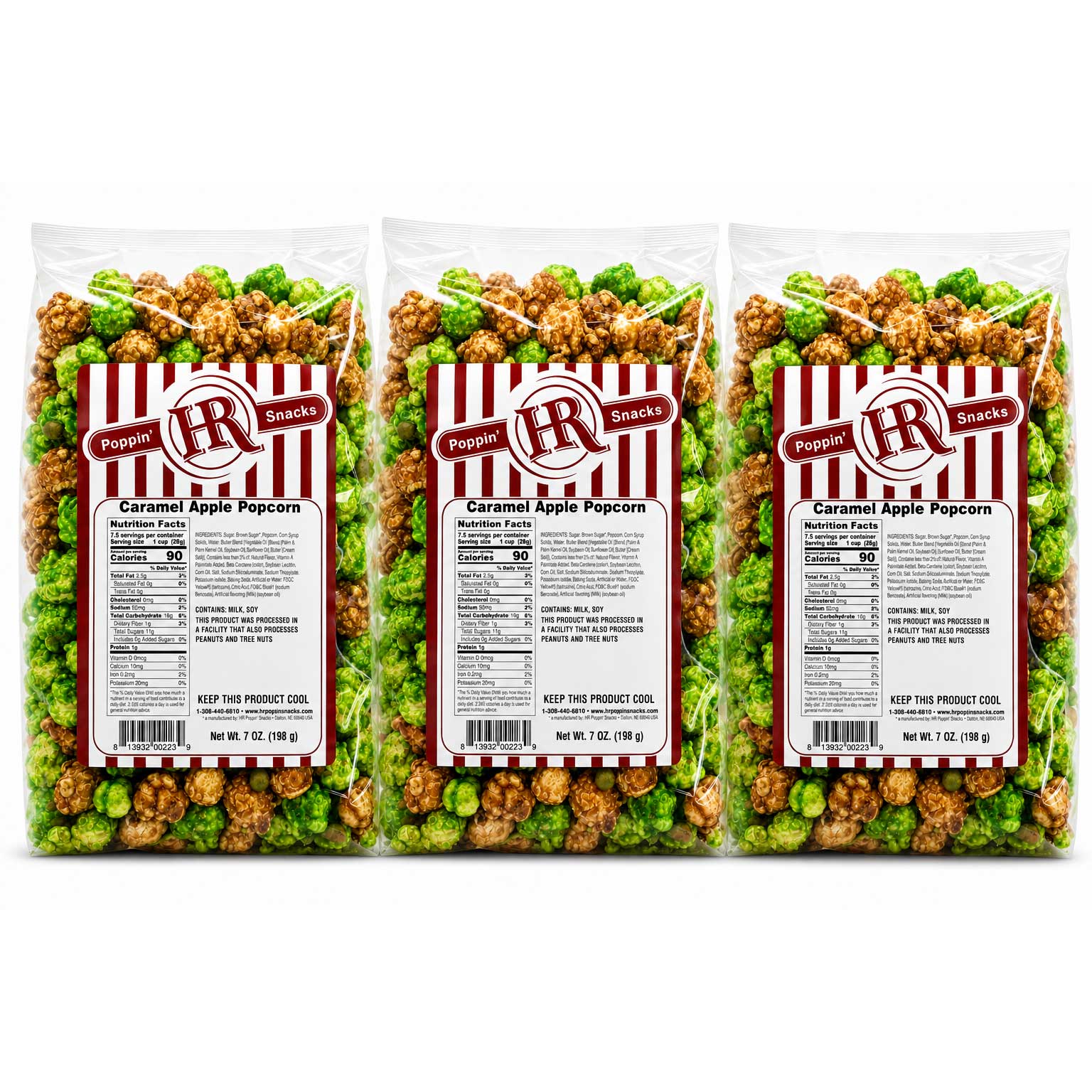 Three bags of HR Poppin' Snacks Caramel Apple Popcorn arranged side by side on a white background.