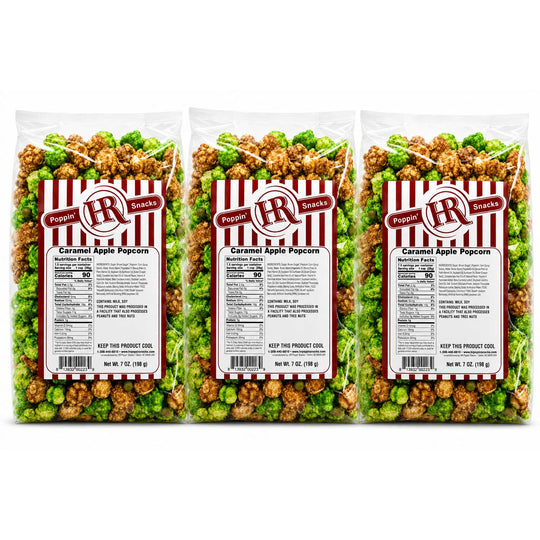 Three bags of HR Poppin' Snacks Caramel Apple Popcorn arranged side by side on a white background.