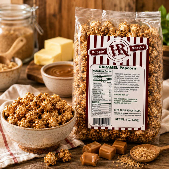 A clear bag of HR Poppingin' Caramel Popcorn stands on a rustic wooden table, with bowls of extra popcorn, caramel pieces, and butter around it. The package label shows the brand HR Poppingin' and product name Caramel Popcorn.