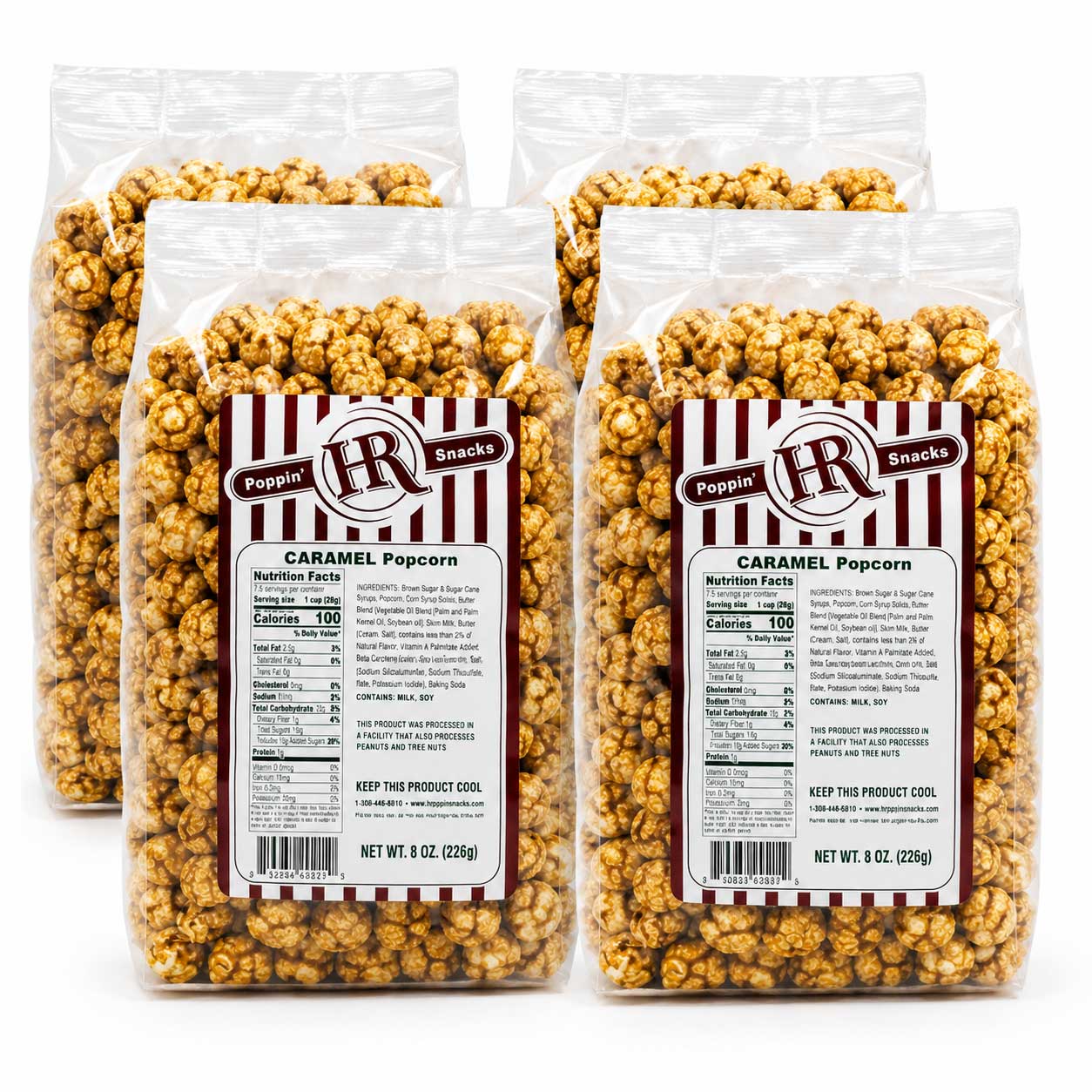 Four clear bags of Popping Rr Snacks Caramel Popcorn arranged in a 2x2 grid on a white background, showing the front and back labels.