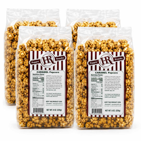 Four clear bags of Popping Rr Snacks Caramel Popcorn arranged in a 2x2 grid on a white background, showing the front and back labels.