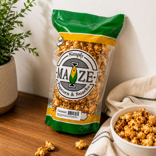 Caramel Popcorn in green and yellow bag on counter