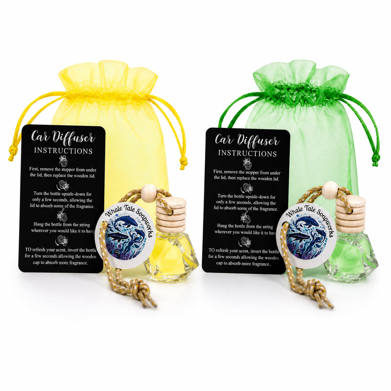 Two car diffuser sets with yellow and green drawstring bags on a white background