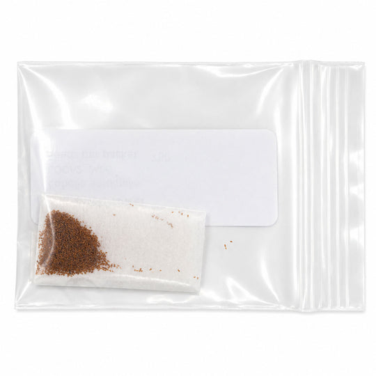 Clear plastic bag with a small amount of brown and white powder on a white background