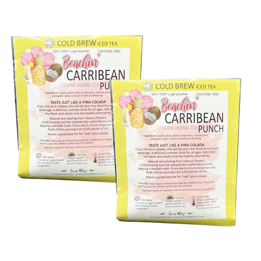 Two packages of Beachin Carribean Cold Brew Iced Tea with pineapple and coconut graphics on a white background.