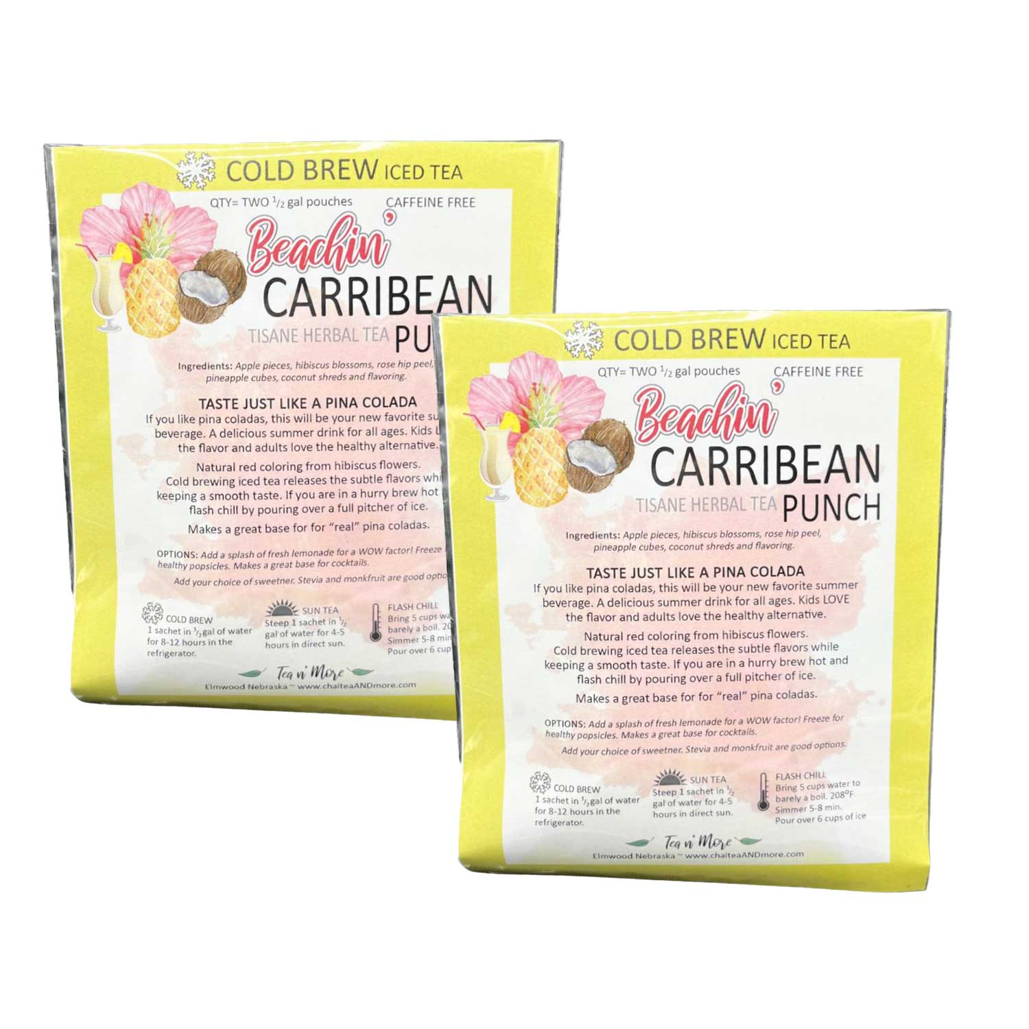 Two packages of Beachin Carribean Cold Brew Iced Tea with pineapple and coconut graphics on a white background.