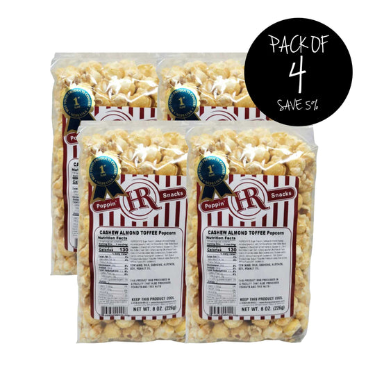 Cashew Almond Toffee Popcorn | Pack of 4 | 8 oz. | Blue Ribbon Award | Toffee-Coated Popcorn | Topped With Cashew & Almond Blend | Made in Gibbon, NE | HR Poppin' Snacks