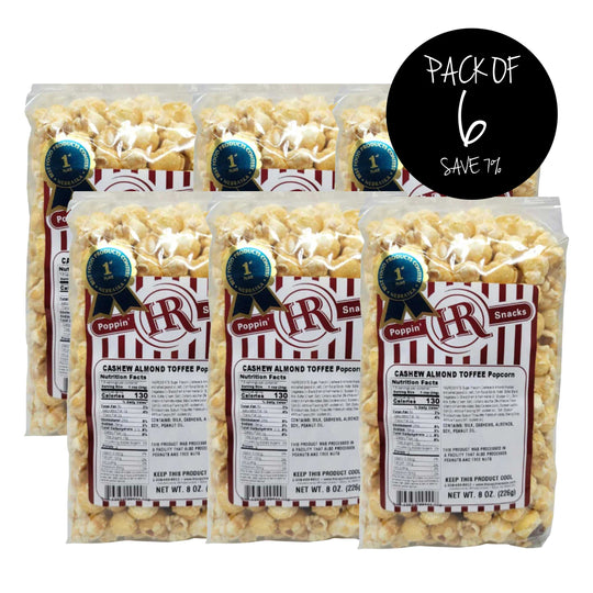 Cashew Almond Toffee Popcorn | Pack of 6 | 8 oz. | Blue Ribbon Award | Toffee-Coated Popcorn | Topped With Cashew & Almond Blend | Made in Gibbon, NE | HR Poppin' Snacks