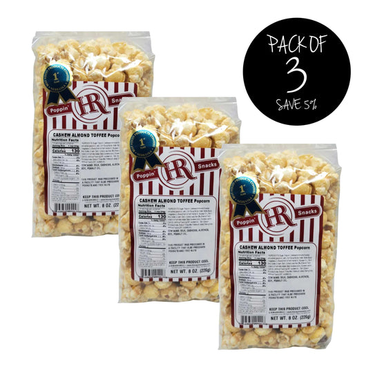 Cashew Almond Toffee Popcorn | Pack of 3 | 8 oz. | Blue Ribbon Award | Toffee-Coated Popcorn | Topped With Cashew & Almond Blend | Made in Gibbon, NE | HR Poppin' Snacks