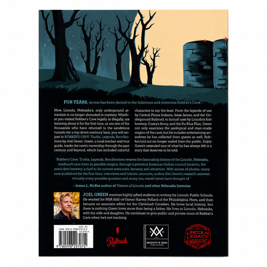 The back cover of the book 'Rabbi's Cave' by James A. Miller, featuring a dark illustration of a graveyard with bare trees and a tombstone under a blue night sky, alongside author and publisher logos.