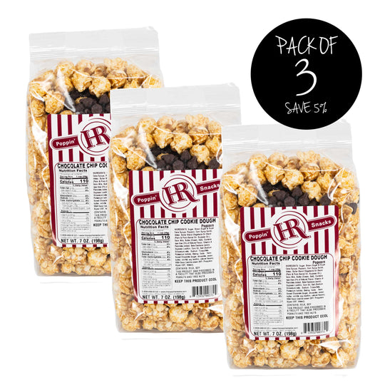 Chocolate Chip Cookie Dough Popcorn | 3 Packs | 7 oz. | Cookie Dough Snack | Sweet & Salty | Made in Gibbon, NE | HR Poppin' Snacks