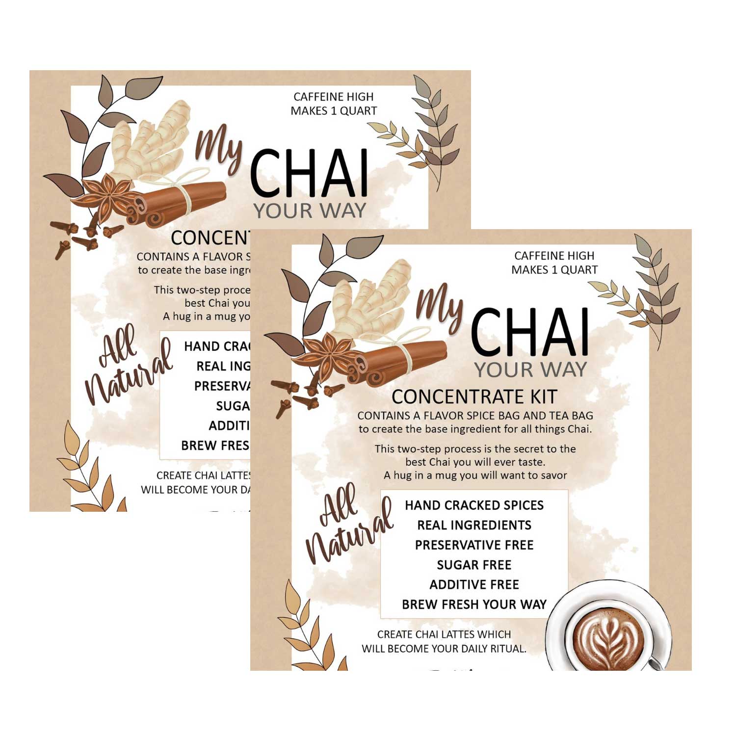 Two 'My Chai Your Way' concentrate kit packages with spices and a coffee cup on a white background.