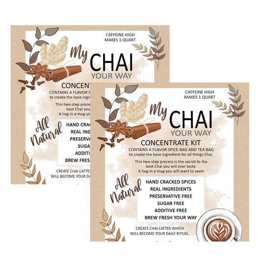 Two 'My Chai Your Way' concentrate kit packages with spices and a coffee cup on a white background.