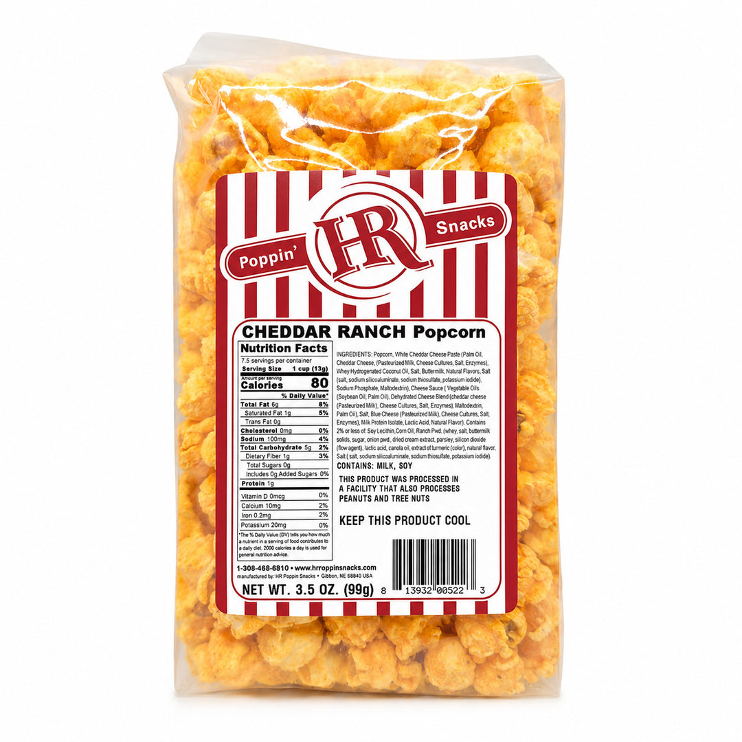 A 3.5 oz bag of HR Snacks Cheddar Ranch Popcorn on a clean white background.