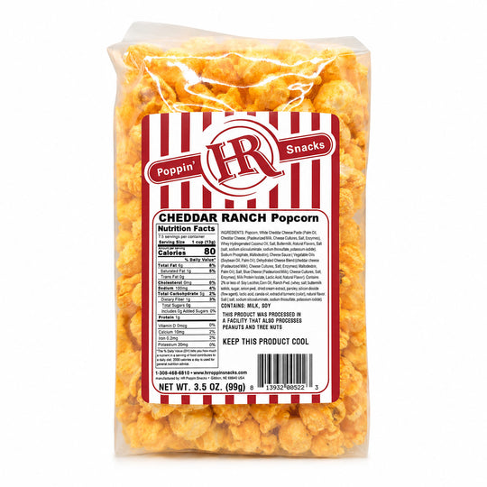 A 3.5 oz bag of HR Snacks Cheddar Ranch Popcorn on a clean white background.