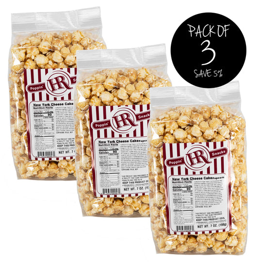 New York Cheesecake Popcorn | Pack of 3 | 7 oz. | Rich & Creamy Coating | Fresh Popcorn | Sweet Snack | Made in Gibbon, NE | HR Poppin' Snacks