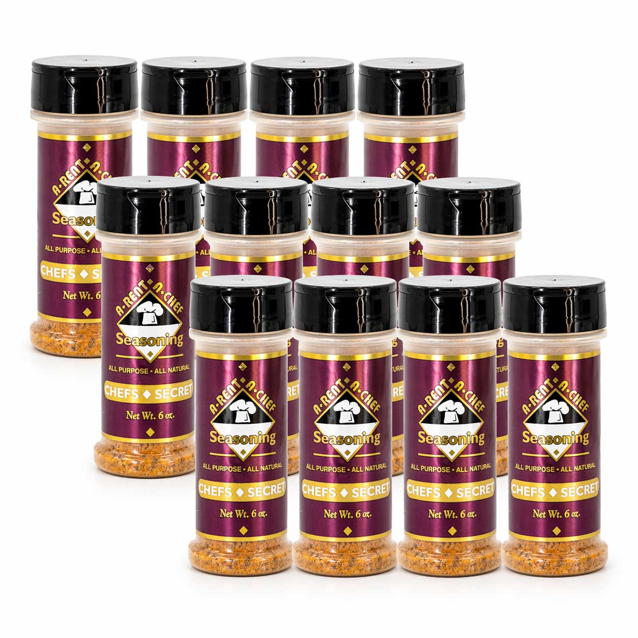 Multiple bottles of A-Rent-A-Chef seasoning on a white background