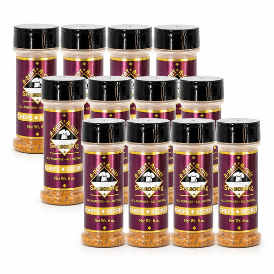 Multiple bottles of A-Rent-A-Chef seasoning on a white background