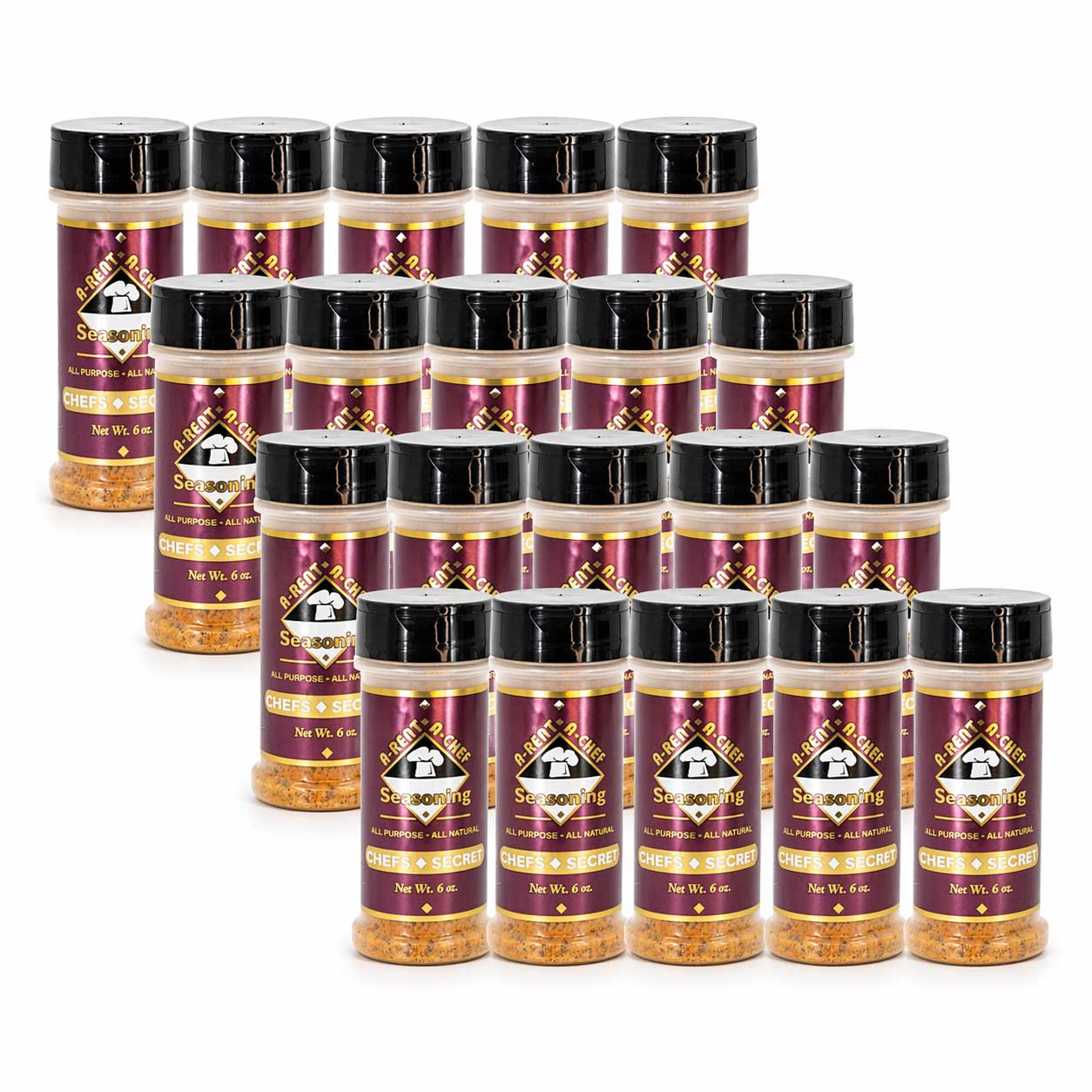 Multiple jars of seasoning arranged in a pyramid formation on a white background