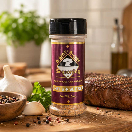 Seasoning bottle labeled 'Chef's Secret' on a wooden surface with ingredients in the background