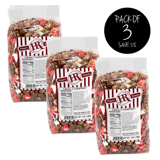 Cherry Cordial Popcorn | Pack of 3 | Sweet Candied Cherry Coated Popcorn | Chocolate Chip Finish | Made in Gibbon, NE | HR Poppin' Snacks