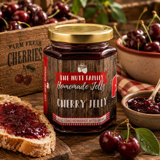 Jar of cherry jelly with a Nutt Family label, surrounded by cherries and bread with jelly on a wooden table.