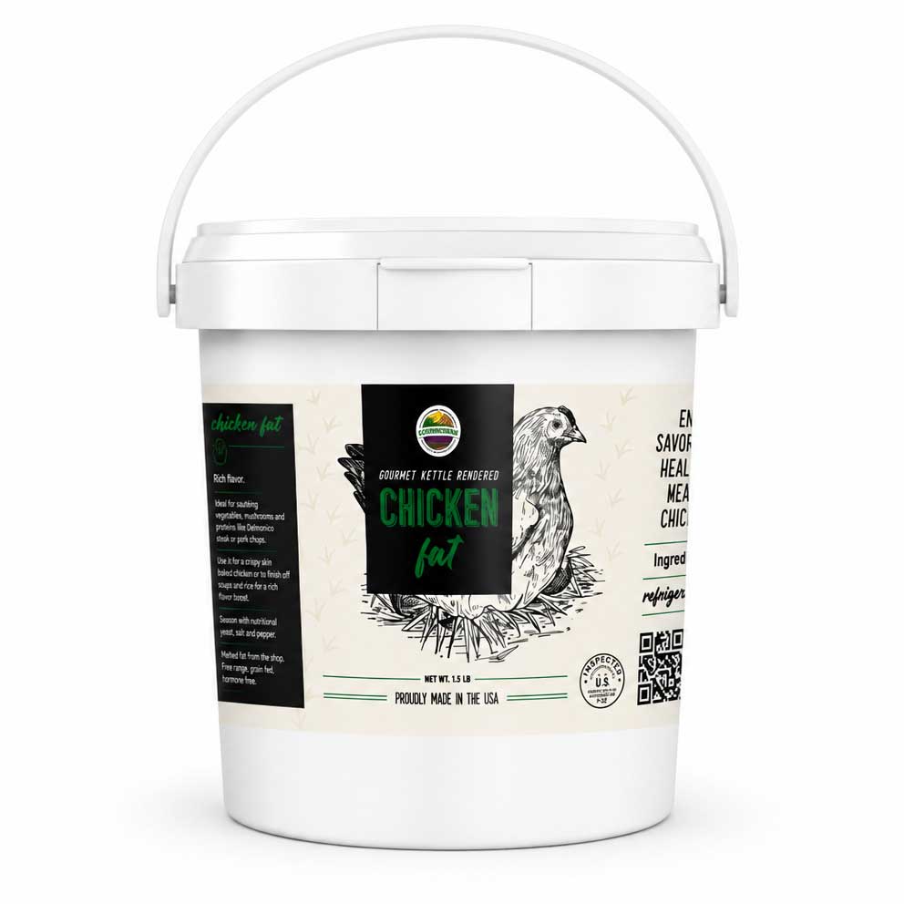 A white plastic bucket of Chicken Fat Gourmet Refined Chicken Fat, featuring a detailed label with a chicken illustration and product information.