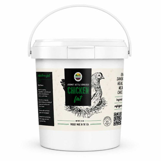 A white plastic bucket of Chicken Fat Gourmet Refined Chicken Fat, featuring a detailed label with a chicken illustration and product information.