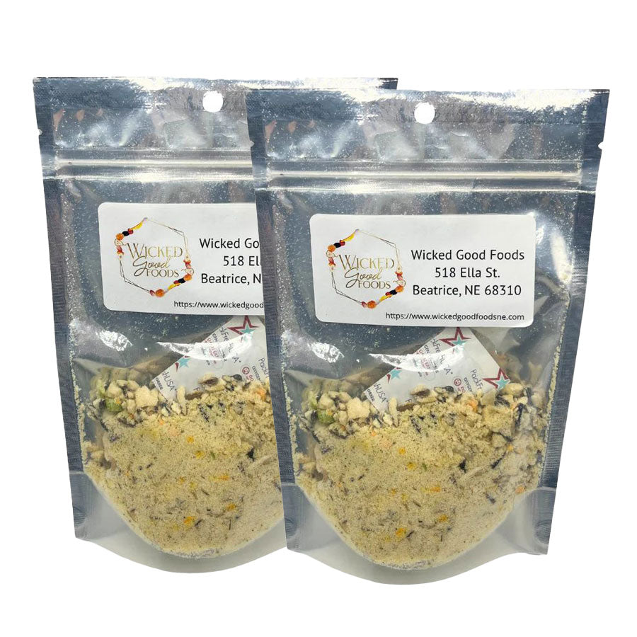 Two packages of Wicked Good Foods with visible contents on a white background