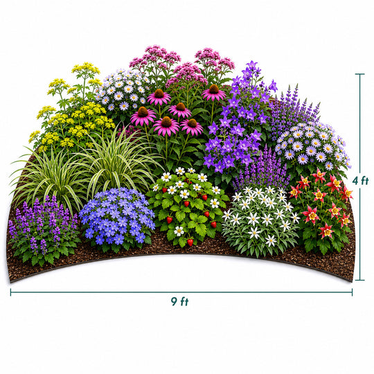 Colorful flower bed with various plants and flowers, including grasses and flowering shrubs, on a white background.