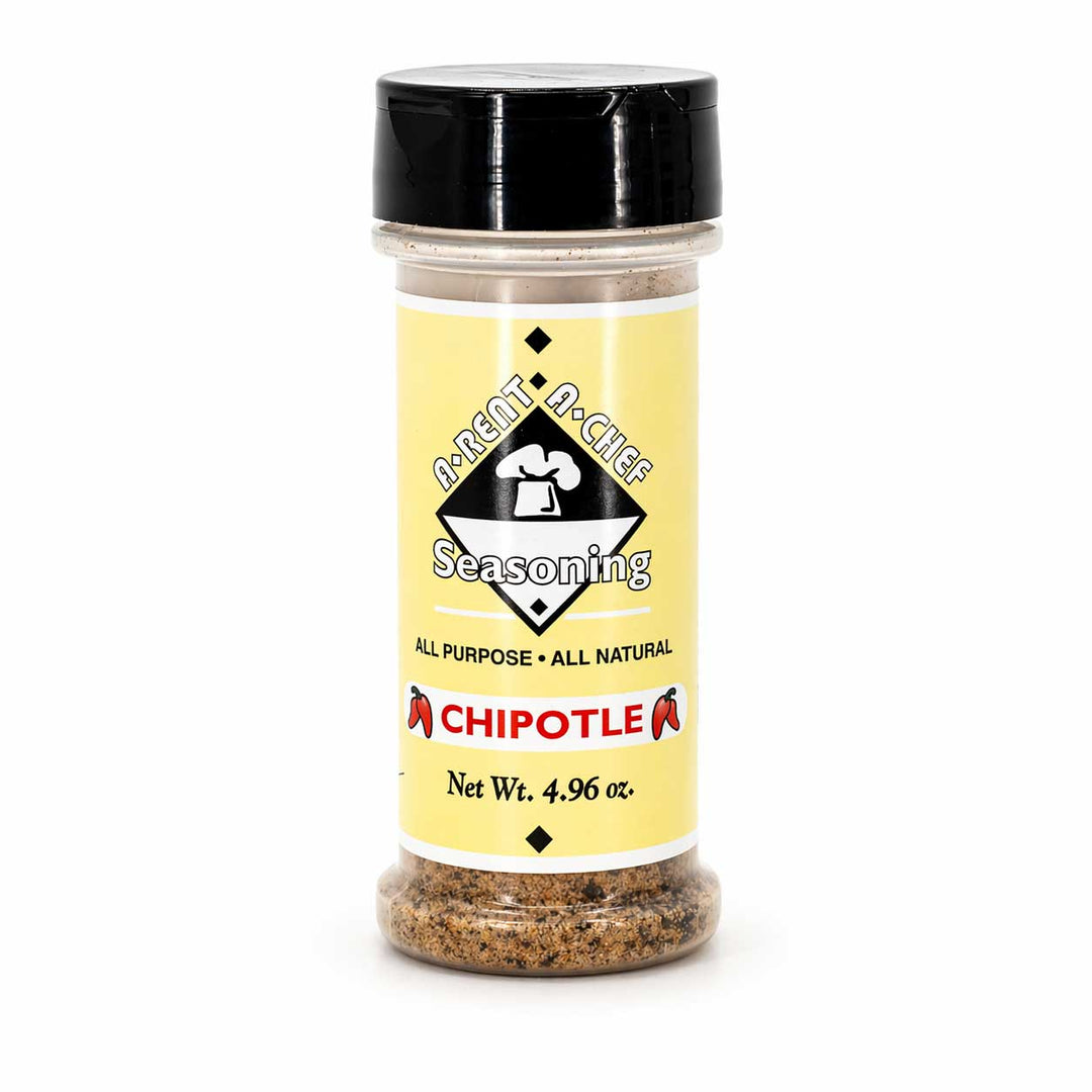 Jar of chipotle seasoning with a yellow label on a white background
