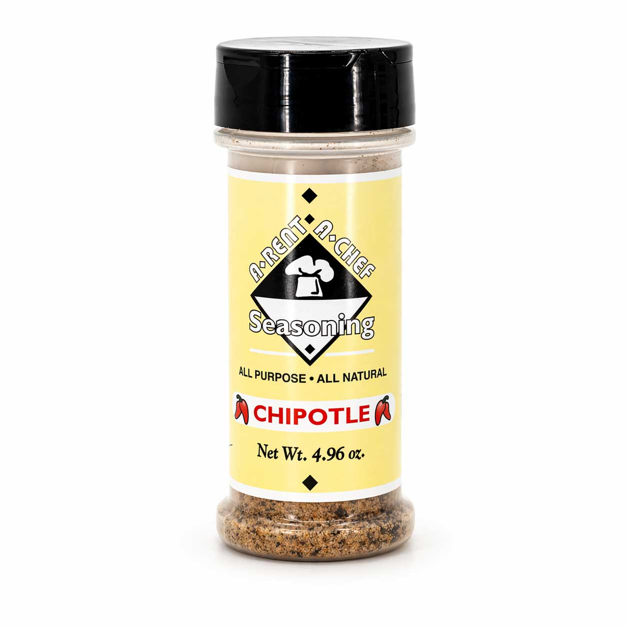 Jar of chipotle seasoning with a yellow label on a white background