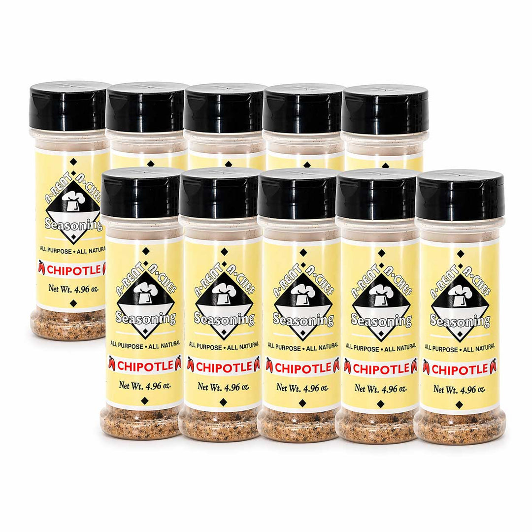 Multiple bottles of A-Rent-A-Chef Chipotle seasoning on a white background