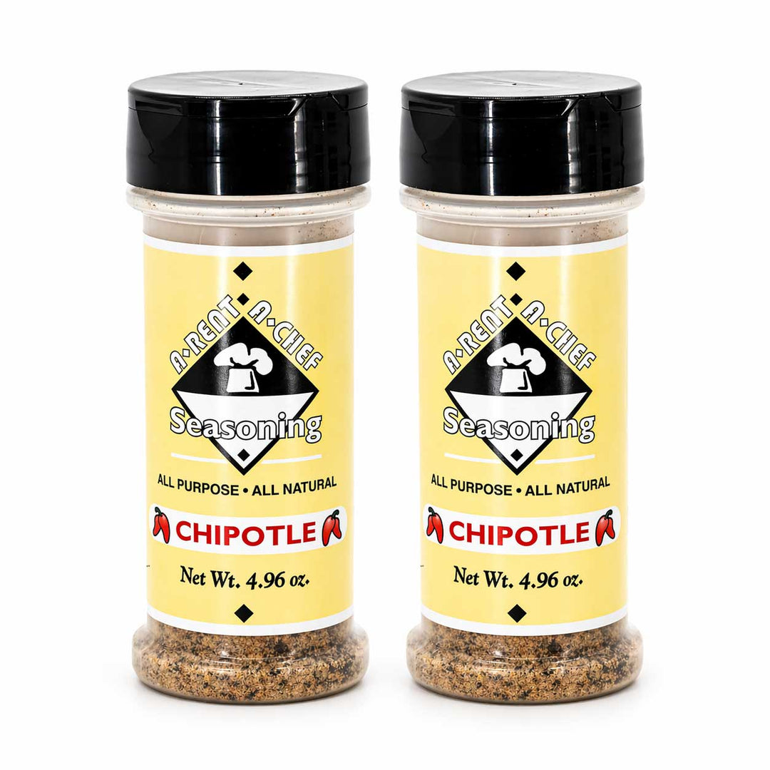 Two bottles of 'A-Rent-A-Chef Chipotle seasoning on a white background