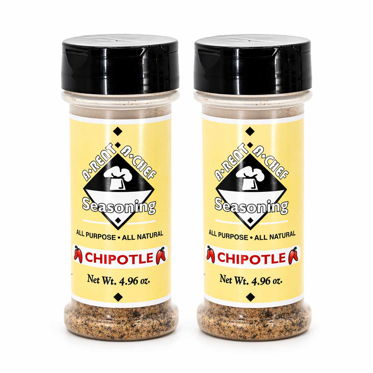 Two bottles of 'A-Rent-A-Chef Chipotle seasoning on a white background